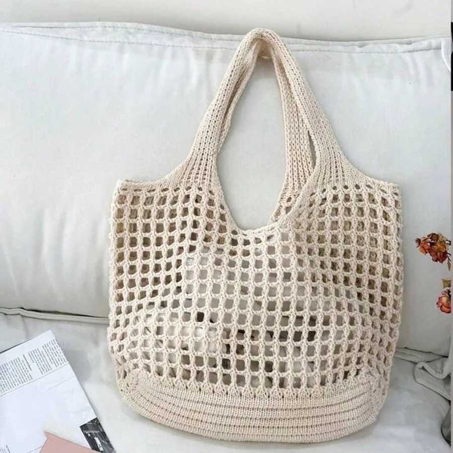 Fashion Vintage Solid Color Knitted Hollow Tote Bag Large Capacity Shopping Shoulder Bag Crochet Handbag for Women W250524
