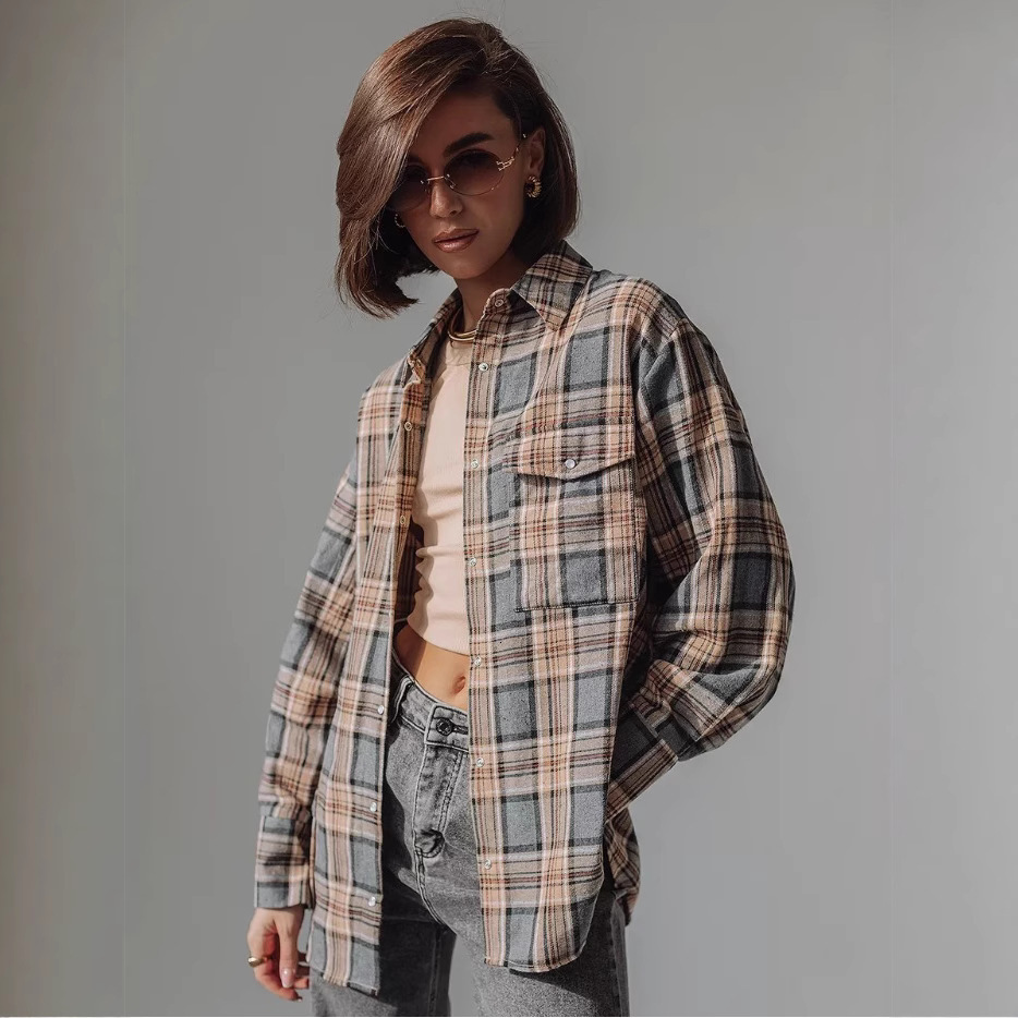 Designer's Summer Women's Loose Casual Mid Length Shirt 2025 New Long Sleeved Checkered Jacket