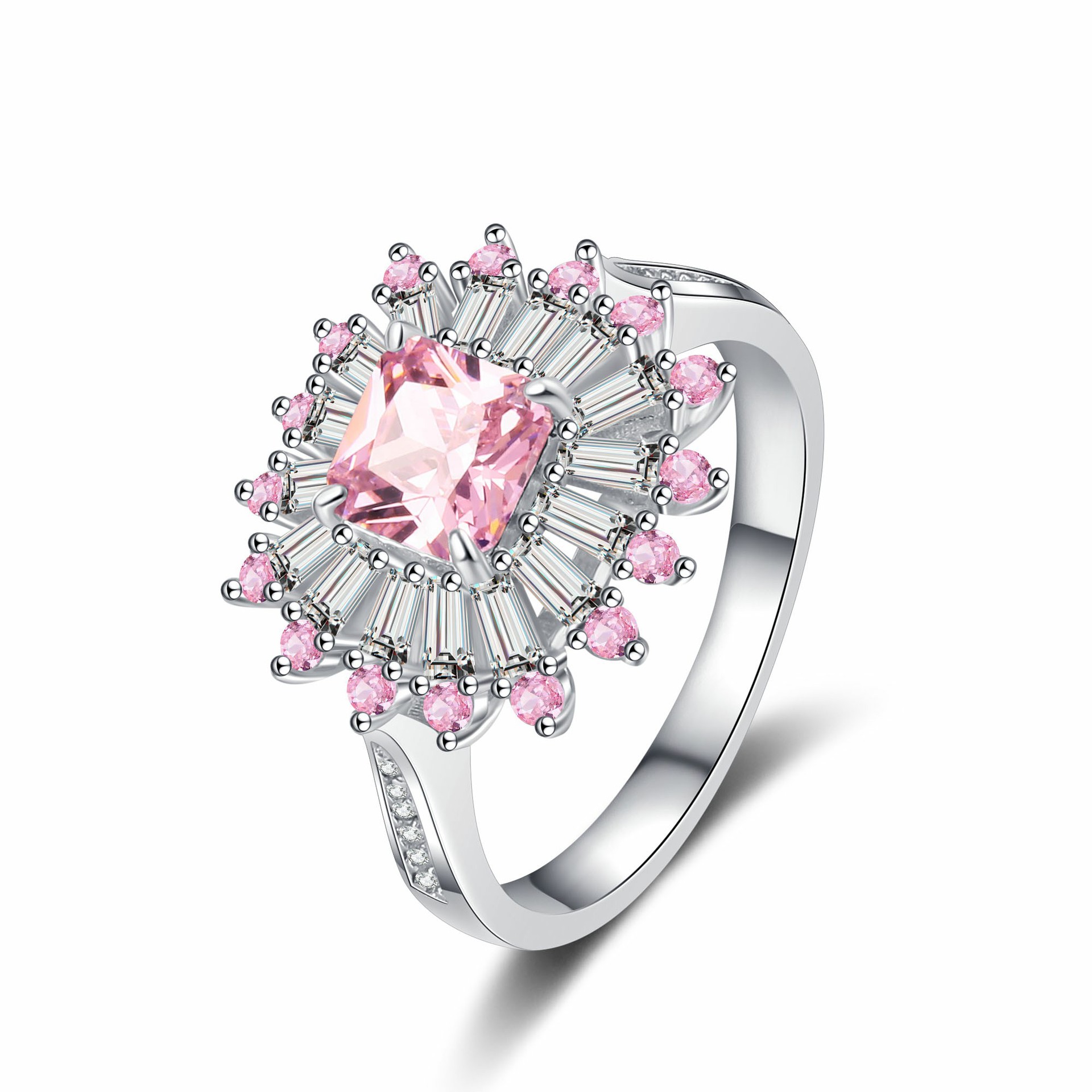 S925 Sterling Silver Princess Cut Pink Ring for Women with Sunburst Cluster Design, Korean Elegant Jewelry for Engagement or Cocktail Party