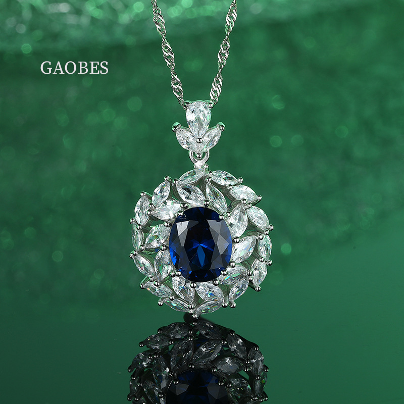 925 Sterling Silver Emerald and Sapphire Pendant Necklace with Full Diamond Inlay, High-End Adjustable Necklace for Women