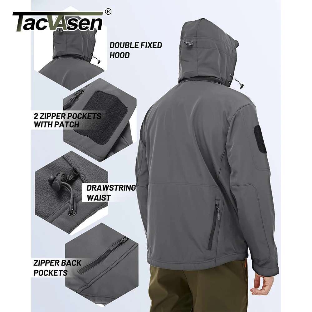 TACVASEN Men's Winter Outdoor Jacket Soft shell Waterproof Hooded Full Zip Up Windproof Fleece Warm Working Hiking Coat