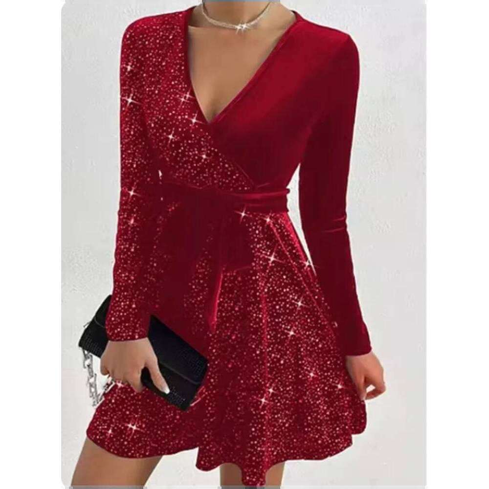 Women's V-neck Sexy Long Sleeved Sequined Solid Color Dress High Street Fashion Elegant Party Evening Dresses