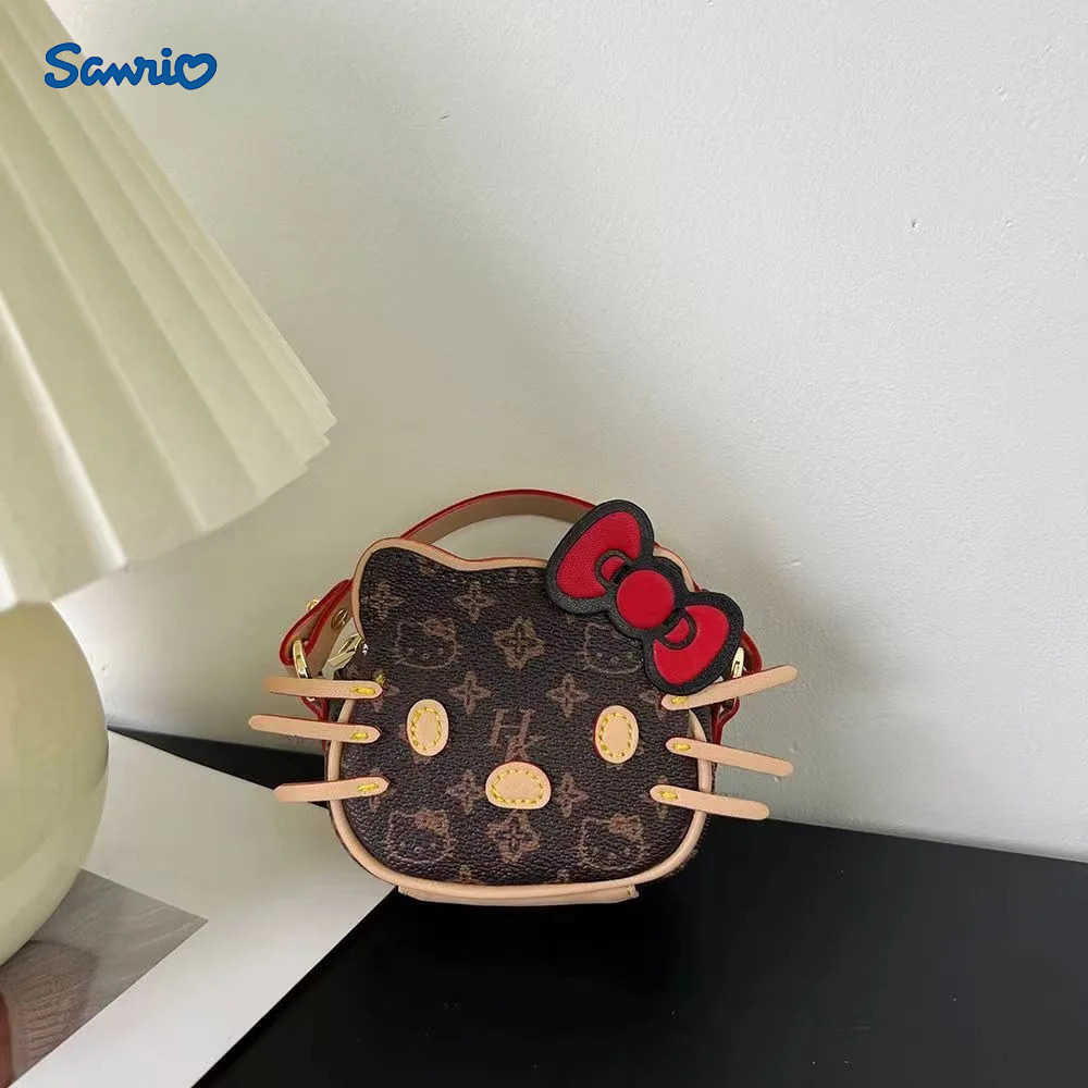 New Hello Kitty Handbag with Cute Bow Embroidery PU Crossbody Bag Cartoon Travel Portable Chain Mini Crossbody Walletw250526