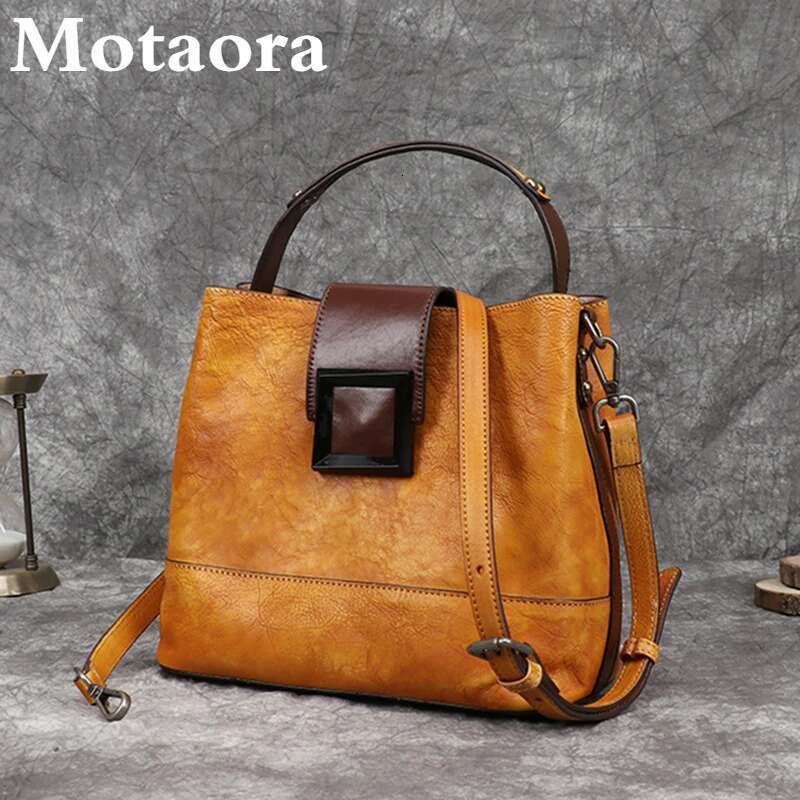 MOTAORA Women's Vintage Bucket Genuine Top-Grain Leather Handmade Purse Designer Casual Office Travel Shoulder Bag