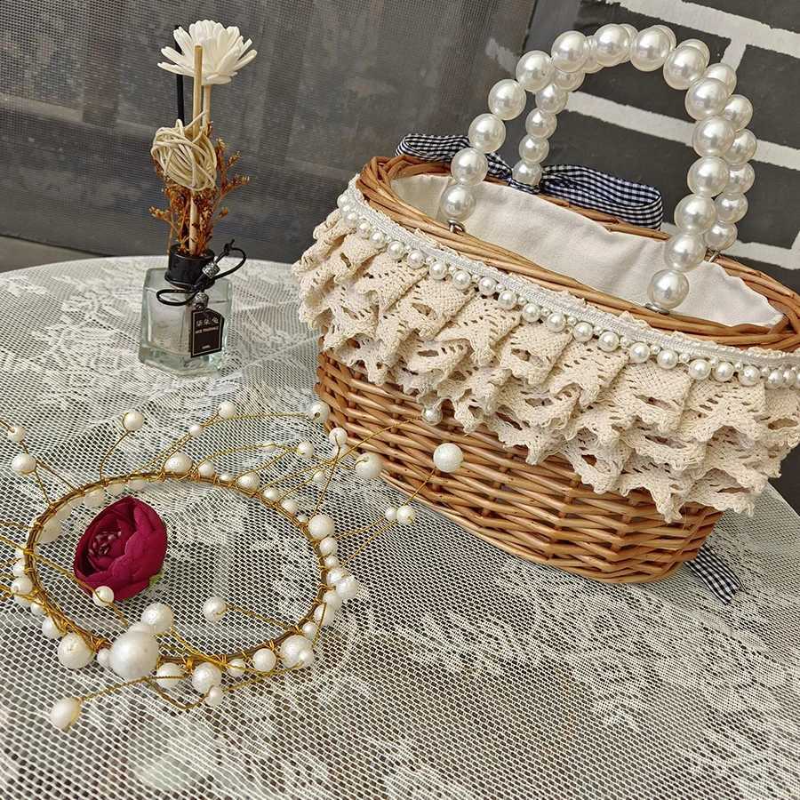 Summer Wicker Woven Basket Bags Pearl Hand Rattan Women Handbags Handmade Lace Beach Straw Tote Bag Travel Designer Shoulder Bag W250524