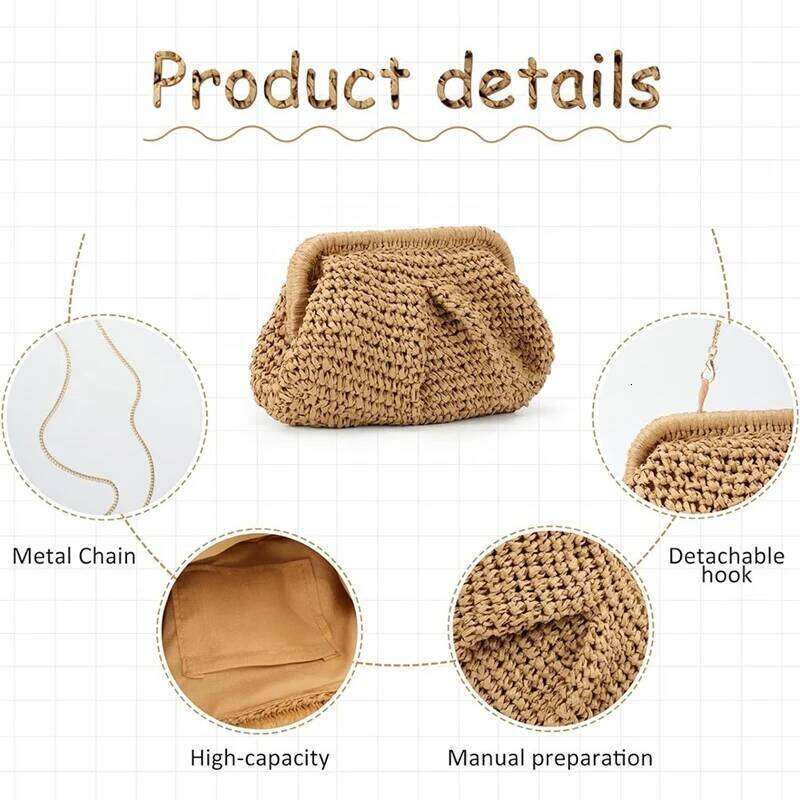 Purse For Women Cloud Dumpling Pouch Straw Crossbody Shoulder Handbag Summer Beach Woven Bag