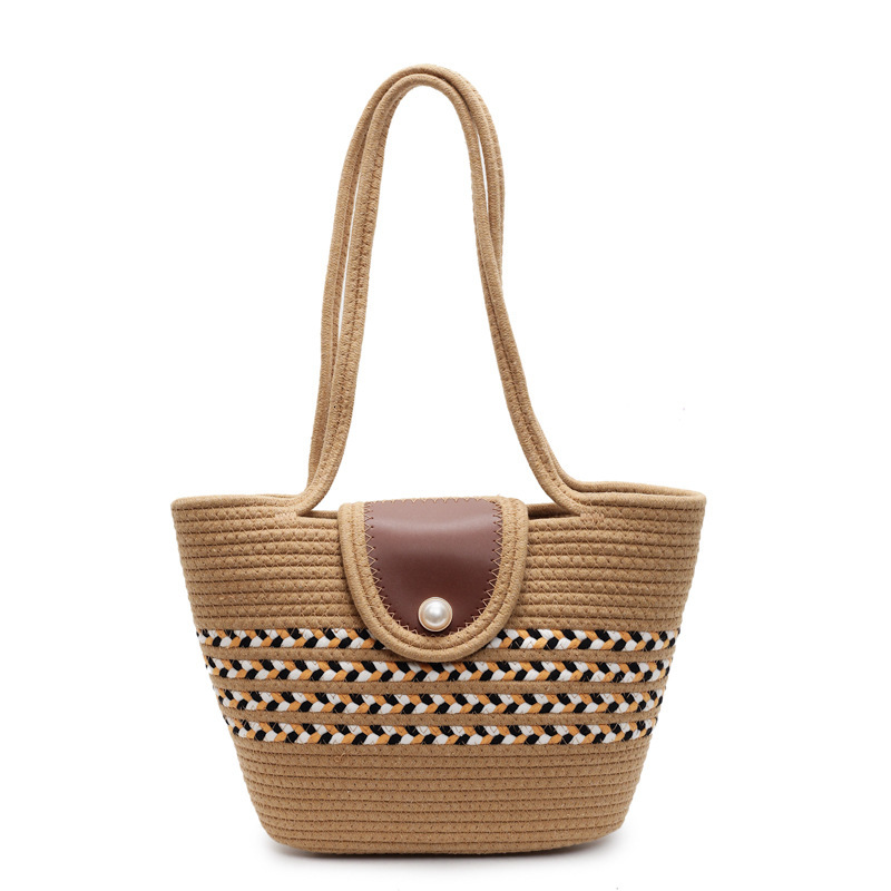 2025 New Fashion Cotton Woven for Women Vacation Beach Artistic Temperament Shoulder Tote Bag