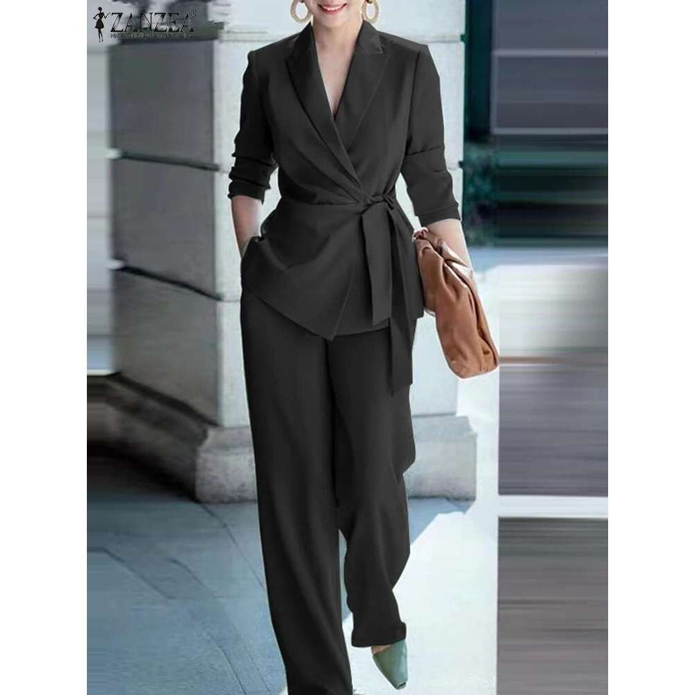 ZANZEA Elegant Office Lady Blazer Suits Women Tied Waist Top And 2Pcs Outfits Streetwear Commute Classy Pant Sets