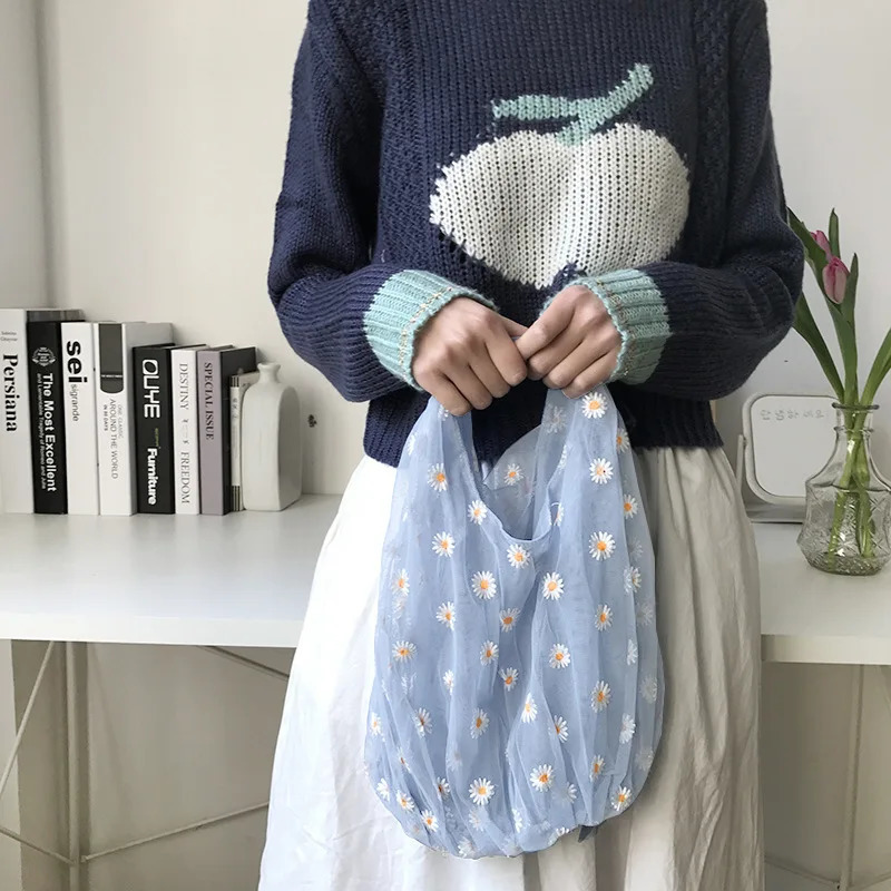 Women Small Transparent Tote Mesh Cloth Bags Daisy Embroidery Handbag Quality Eco Fruit Bag Little Decoration Purse For Girl 250526