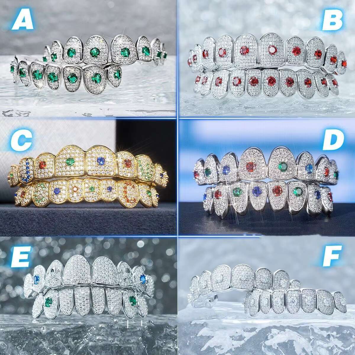 Custom Made Dental Grills Iced Out 925 Sterling Silver Jewelry Zigzag Setting Multi Color Vvs Moissanite Diamonds Teeth Grillz
