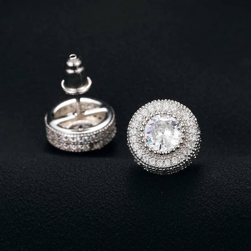 Hip Hop Micro Pave Round White Zircon Stud For Men Women Sterling Sier Rock Style Gold Iced Out Bling Earrings