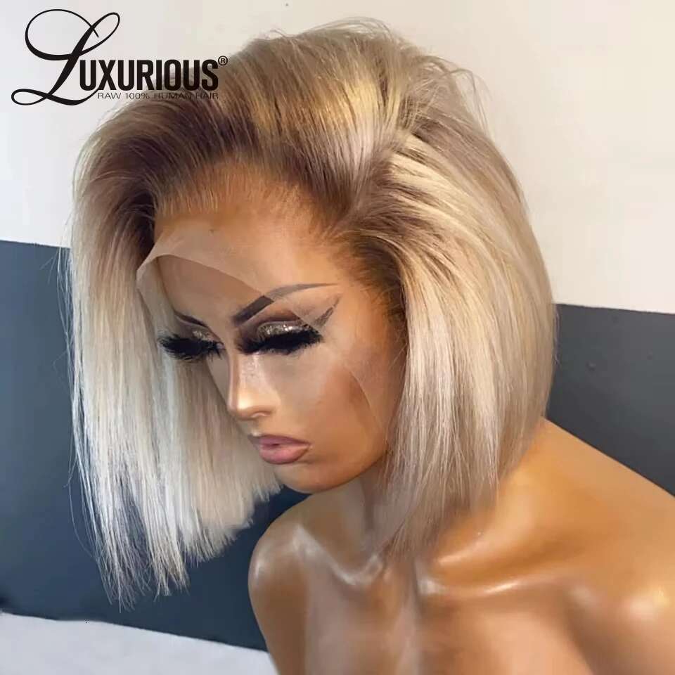 Glueless Ombre Blonde Short Bob Wigs Brazilian Human Hair HD Transparent Preplucked Pixie Cut Lace Frontal Wig Ready To Wear