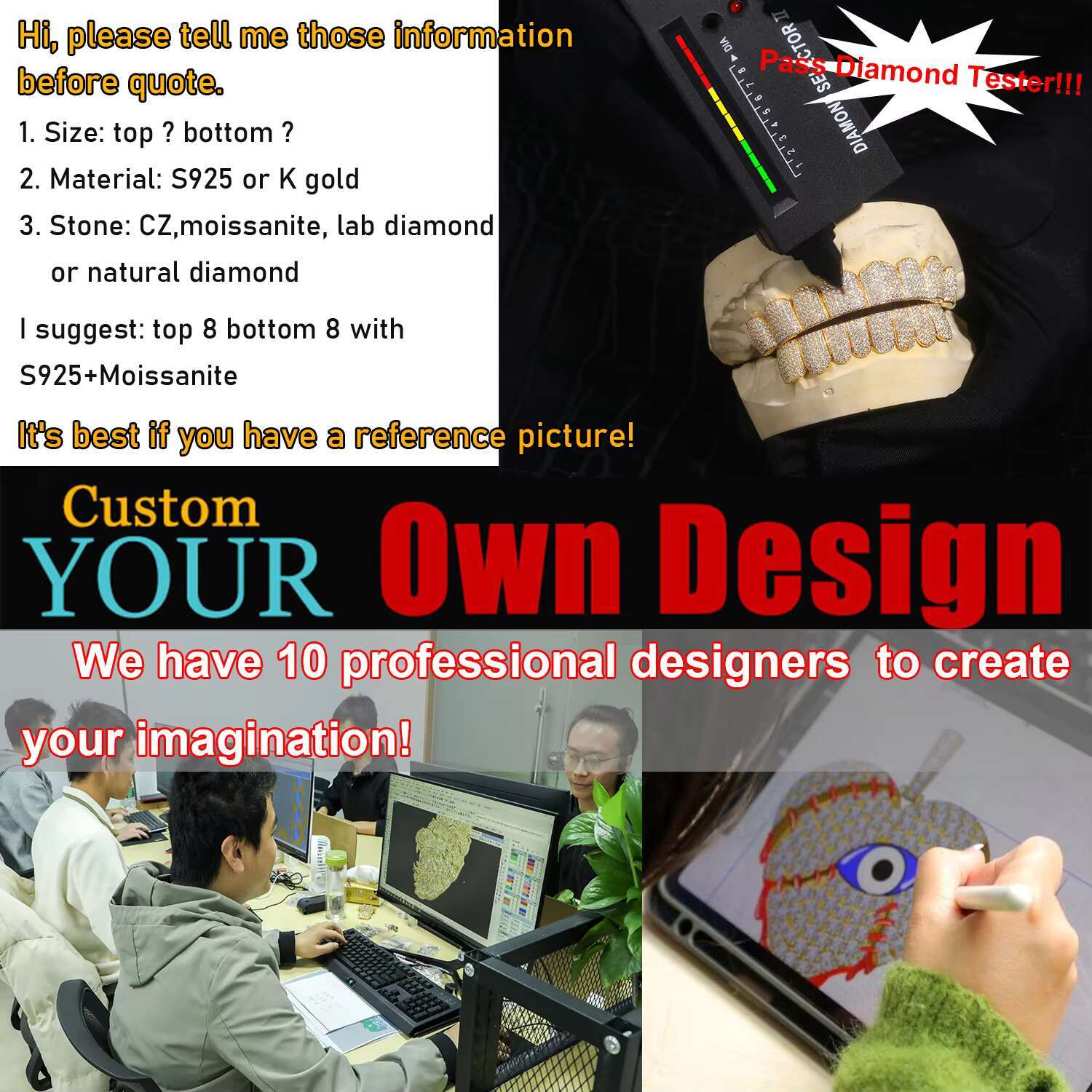 Custom Made Personalized VVS Moissanite Diamond Dental Grills 14K 18K Gold Silver Iced Grillz Teeth Hip Hop Body Jewelry for Men