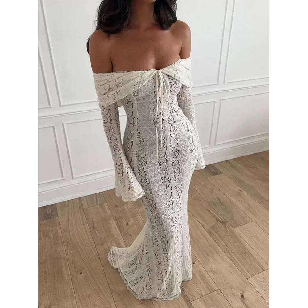 Hollow Out Backless Slim Long Dress Women Strapless Lace Up Off Shoulder Dresses Chic 2025 New Sexy Female Party Club Robes
