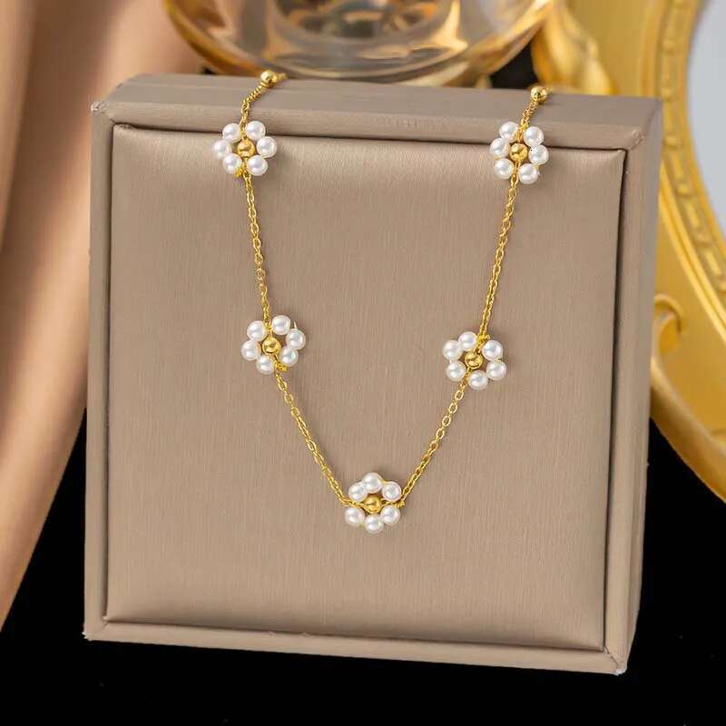 Stainless Steel Gold Color Flower Necklace For Women Elegant Imitation Pearl Handmade Beaded Necklaces Wedding Jewelry