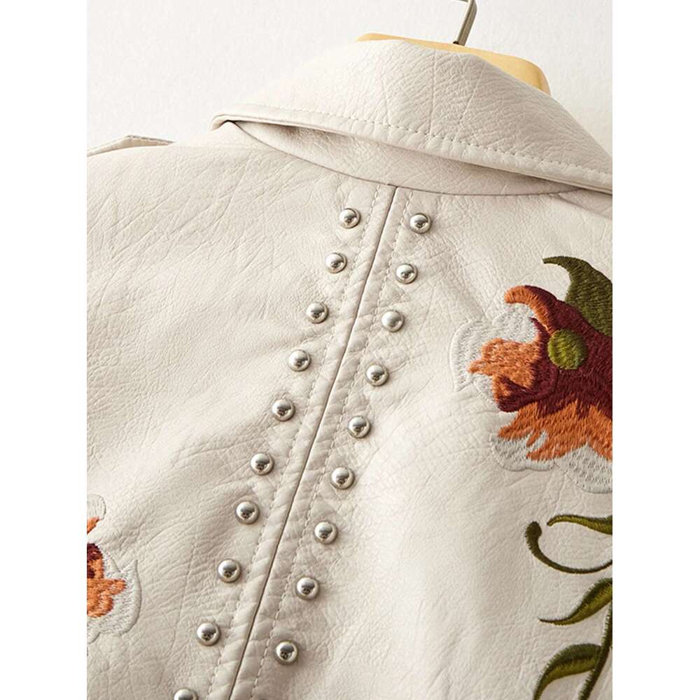 Women Rivet Floral Embroidery Coat Lady Moto Biker Black Punk Jacket Faux PU Leather Outerwear