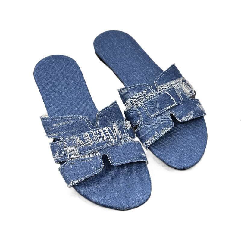 Large Women's Flat Slippers, Indoor And Outdoor Brushed Denim Sandals, One Line Lightweight Flat Sandals, Designer Sandals