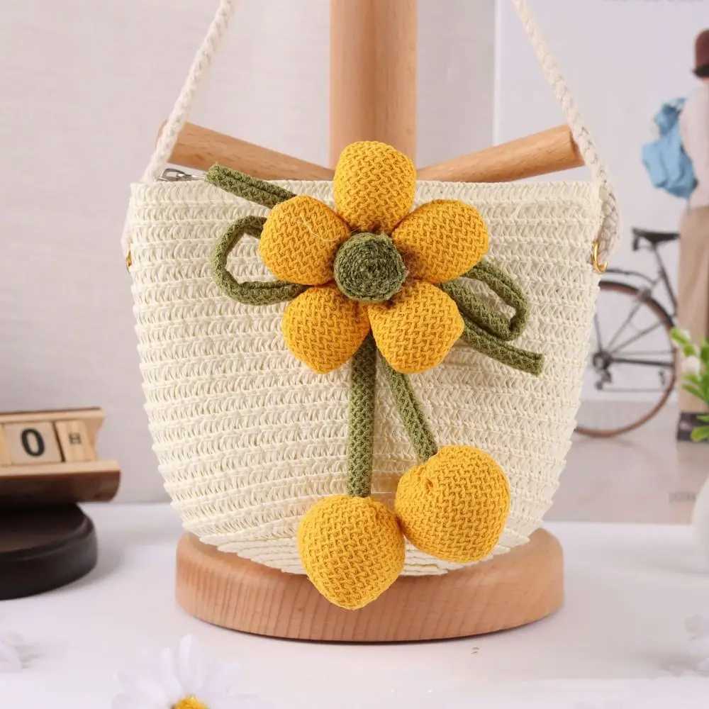 Cute Flower Straw Bag Mini Handmade Summer Beach Shoulder Bag Colorful Zipper Kids Coin Purse W250524