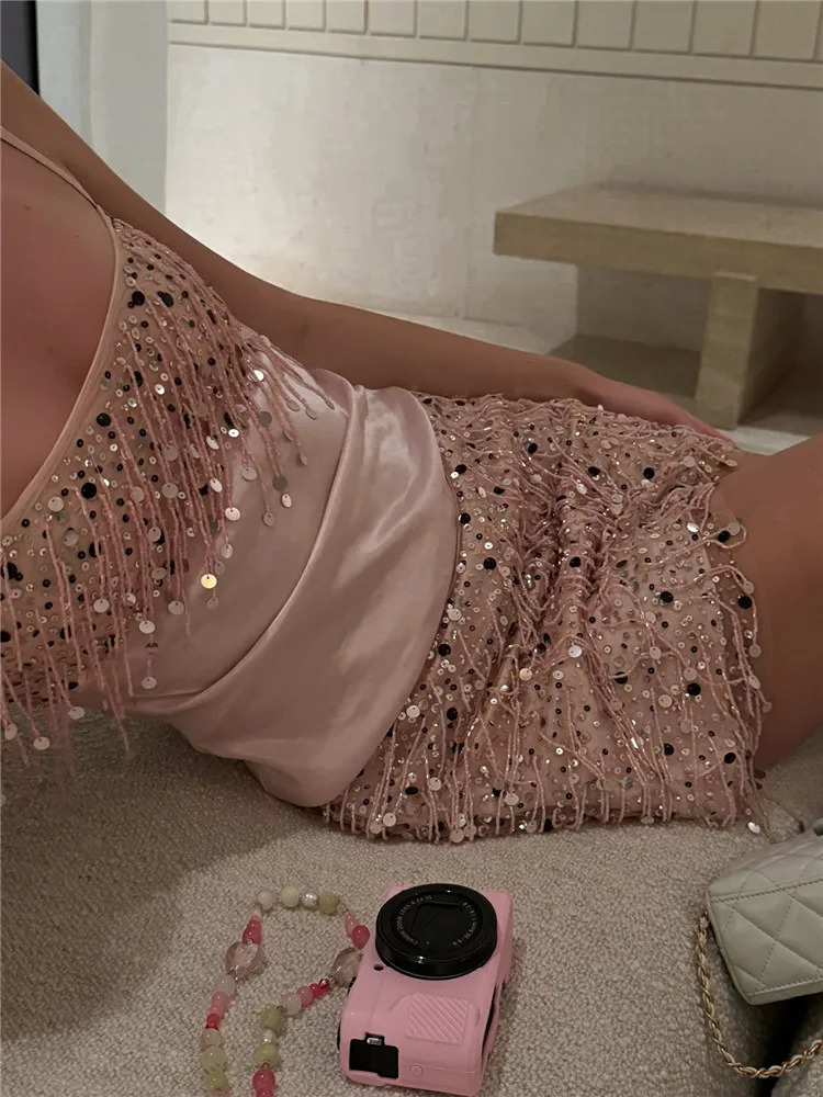 Unique Tassel Sequin Halter Tops Sparkling Waist Cinching Solid Color Mini Skirt Womens Casual Beach Women Glitter Suits 250523