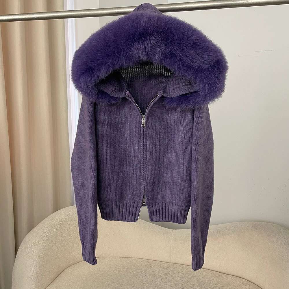 WHOLESALE 2025 New Spring Casual Hooded Fox Collar with Solid Color Sweater Women Real Fur Coat Zipper Warm Tops