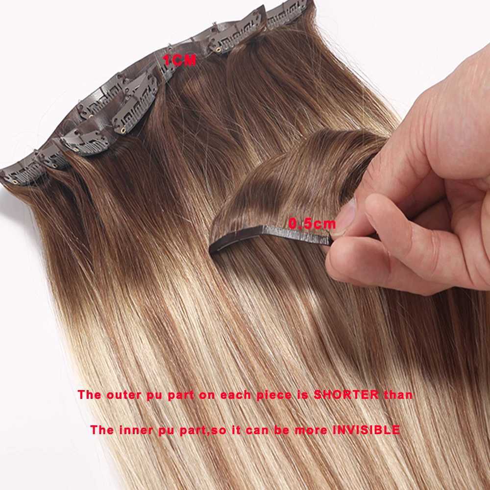 Wholesale Real Clip ins Russian Human Hair 100% Remy Hair Raw Pu Natural Straight Invisible Seamless Clip in Hair Extension S25526