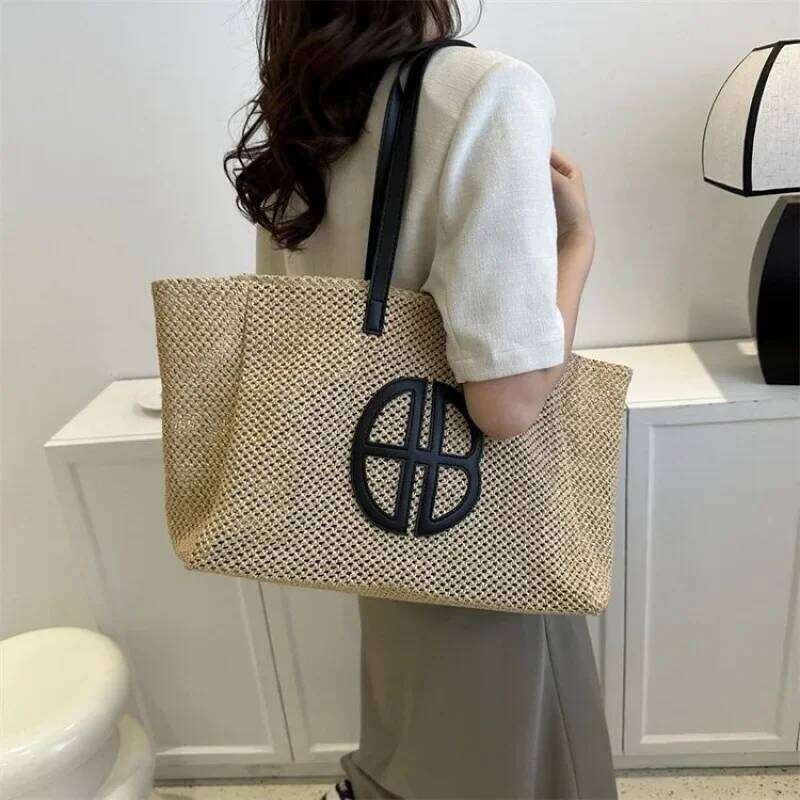 New Fashion 2025 Ins Style Color Block Women's Shoulder Bag Woven Handbag Versatile Soft Straw Material Polyester Lining