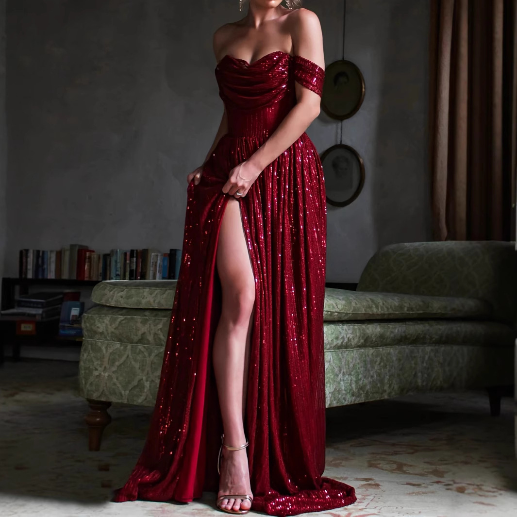 Evening gown socialite party sexy high opening sequins banquet dress nightclub sequins new off the shoulder design