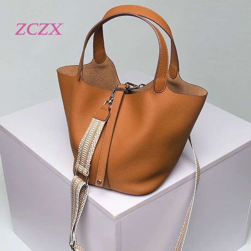 New cowhide women s basket bucket genuine leather handbag long strap single shoulder crossbody bag