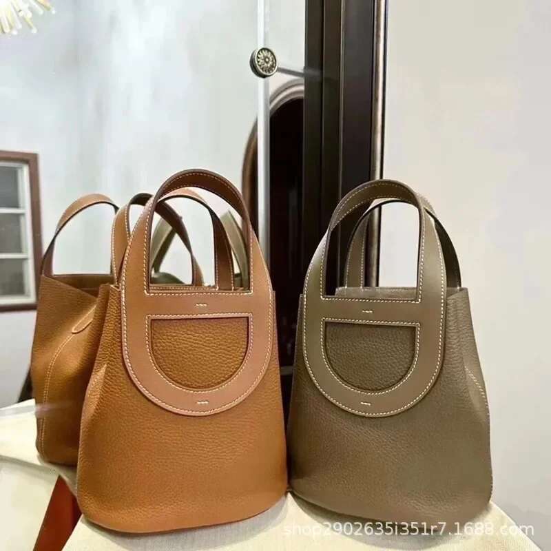 Soft Genuine Cow Leather Pig Nose Vegetable Basket Water Bucket Handbag Women's New Spring Season Single Shoulder Loop Bag