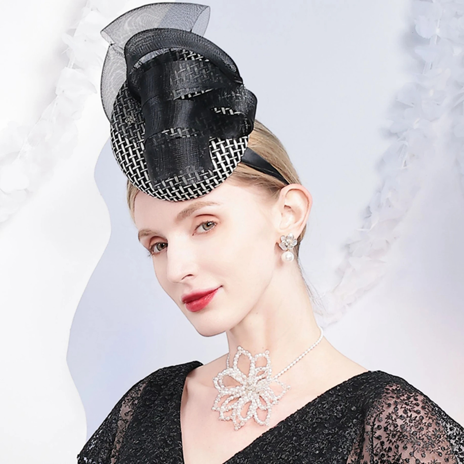 Womens Black White Mesh Fascinator Hat Headband for Church Wedding Tea Party Cocktail Bridal Hair Accessory 250520