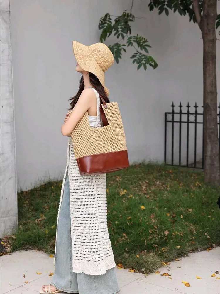 French Style Women Summer Straw Totes Handbag Large Capacity Cow Leather Spliced Shoulder Underarm Bag Casual Holiday Beach Bag W250524