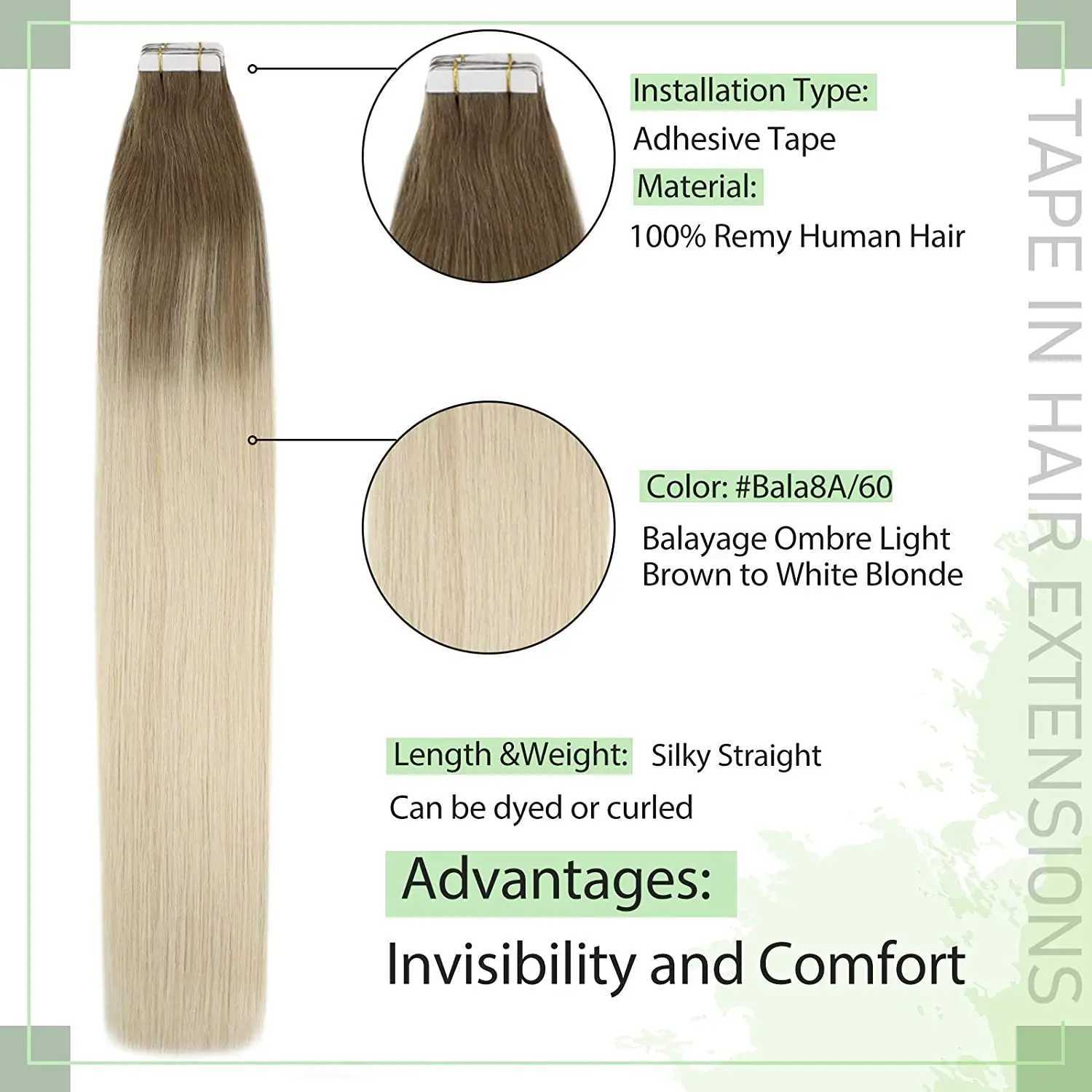 VeSunny Tape in Hair Extensions Silky Straight Hair 100% Real Human Hair Invisible Black Seamless Tape in Human Hair Extensions S25526