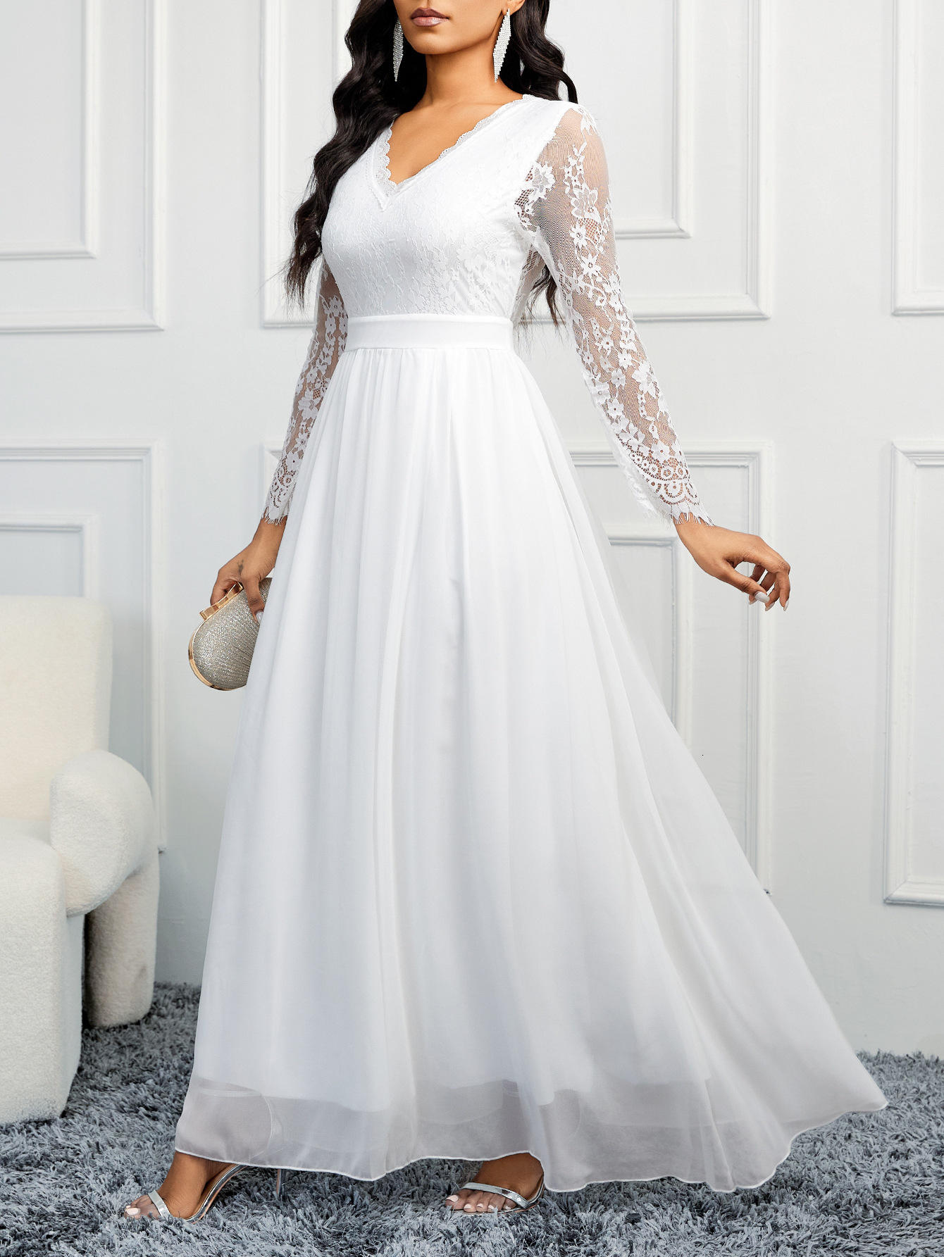 New Dress Slim Fit White Wedding Dress Lace V-Neck Fashion Dress Chiffon Wedding Dress