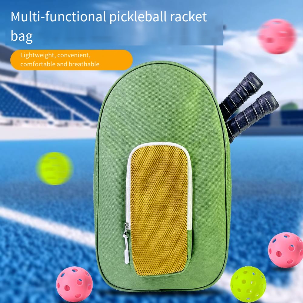 Sports racket bag with single shoulder strap, hook ball pocket, oval shaped activity tennis, sports pickle bag