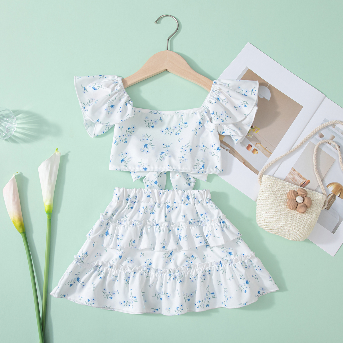 Baby Girl Summer Casual Set Floral Printed Back Bow Camisole Top, Baby Designer Clothing, Sweet Style, Suitable for Daily Wear and Outing, Party Wear 