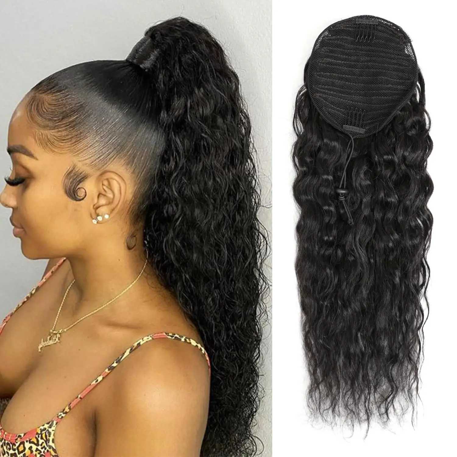 100% Human Hair Drawstring Ponytail Extension Water Wave Straight Kinky Curly Corn Wave Ponytail Clip in Ponytails Extensions S25526