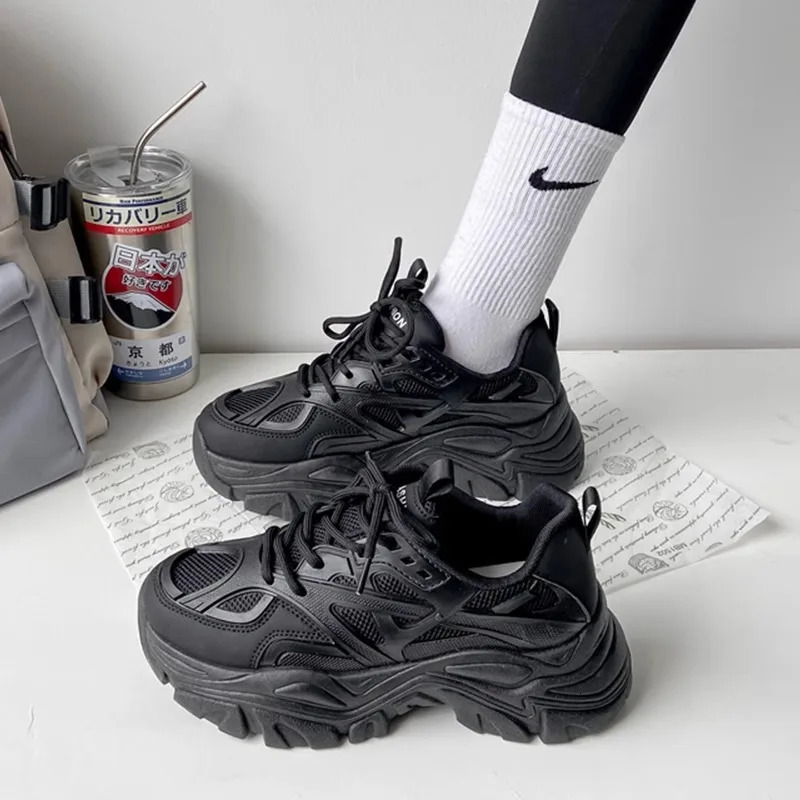 Women Fashion Platform Sport Shoes Summer Black Casual Chunky Sneakers Mesh Leather Shoes 250526