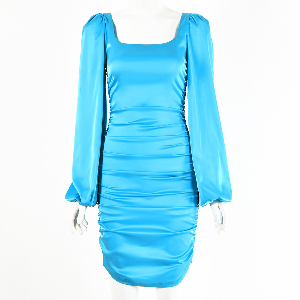 Summer Womens Solid Color Dress Open Back Square Neck Long Sleeve Temperament Tight Wrapped Hip Skirt