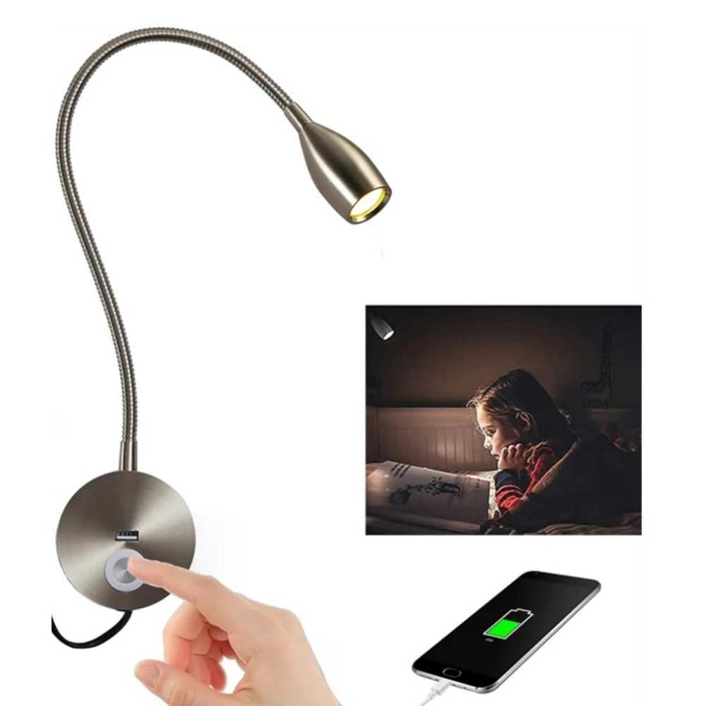 Tokili LED Golden Wall Lamp w/ USB Charger Touch Dimmer - Bendable Gooseneck Bed Headboard Spotlight Sconce for Reading LightsXJ250526