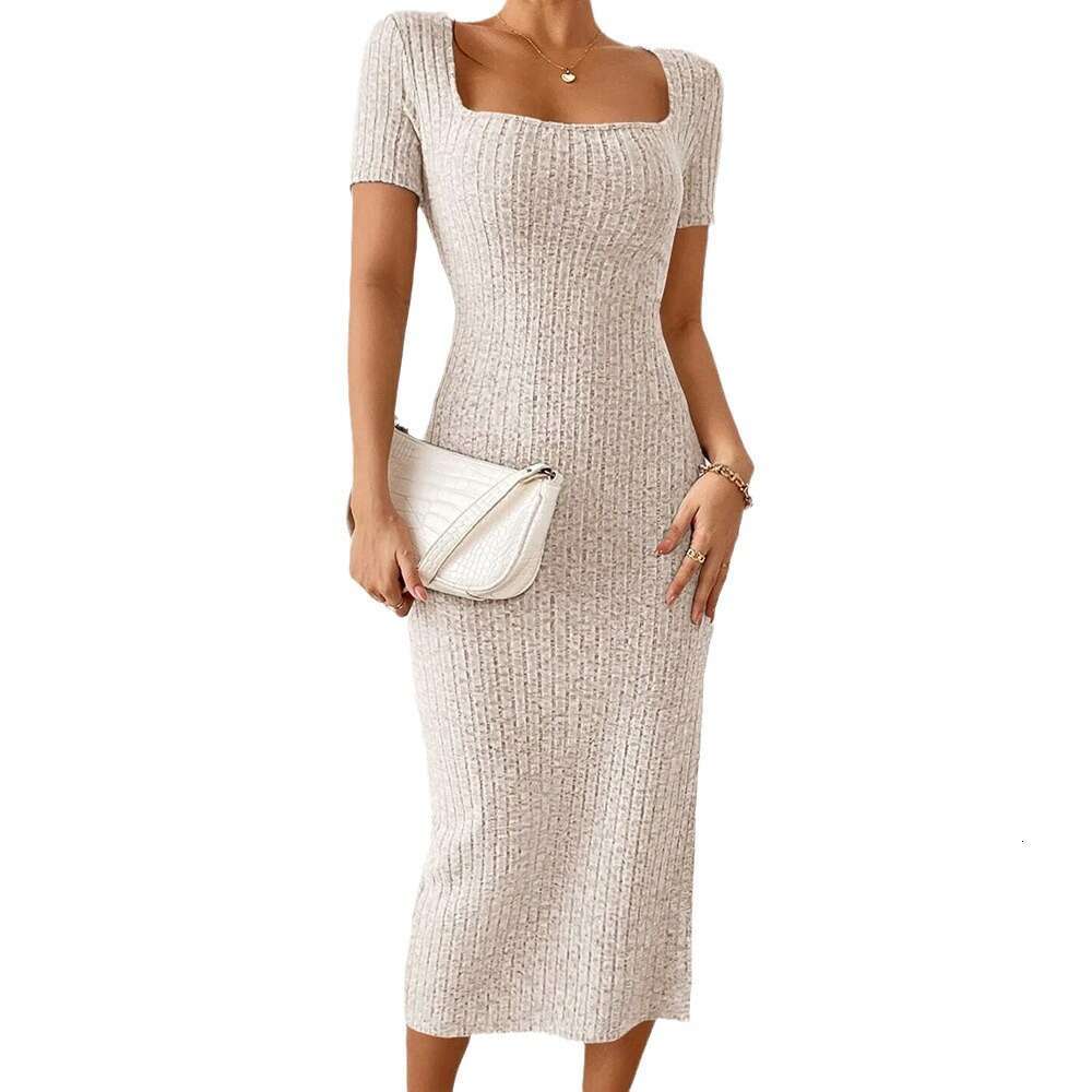Tight Cut Out Dresses New Slit Slim Fit Bodycon Short Sleeve Square Neck Knitted Dress For Women PG Sexy Dress