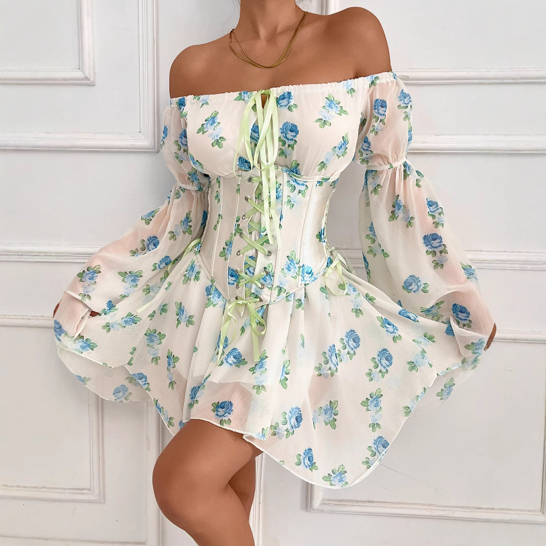 Womens printed floral dress with lace up one shoulder long sleeved waist and detachable short skirt