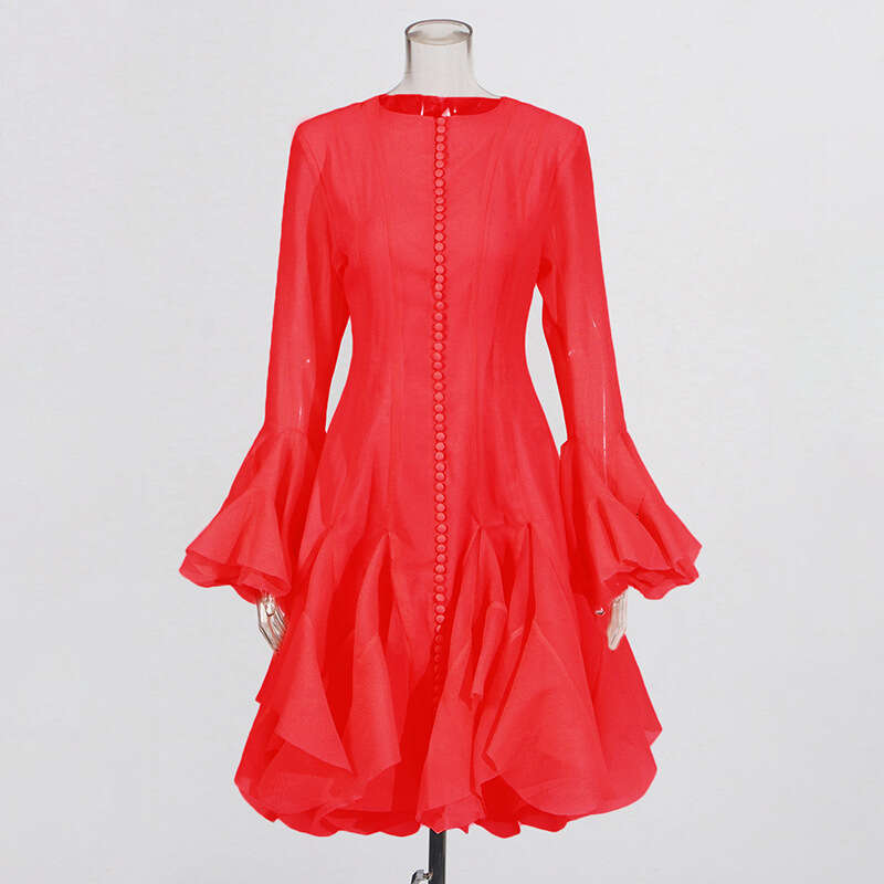 Backless Sexy Dress French Elegant Style Round Neck Patchwork Ruffle New Bell Sleeve Mid Length Dress For Women Sexy Flowy Dresses