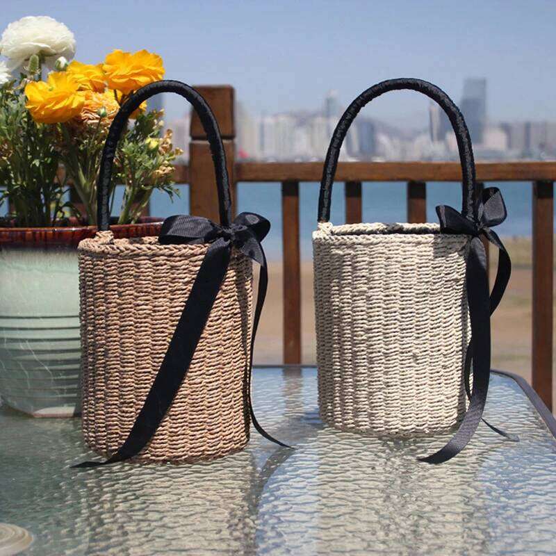 Hand-made Bucket Straw Top Handle Handbags Designer Woven Shoulder Bag Raffia Summer Vacation Casual Bags for Woman