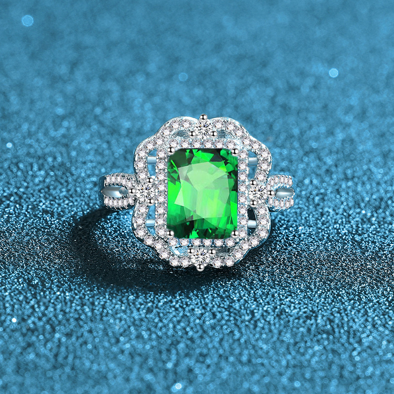 Elegant Emerald Cut Blue Gemstone Ring for Women, Double Halo 925 Sterling Silver Statement Cocktail Jewelry for Party or Gift