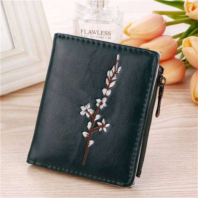 Women Purse Zipper Green Red Black Female Wallet PU Leather Card Holder Embroidery Ladies Money Bag