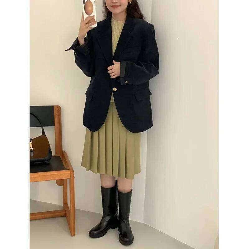 Modern Loose Cotton Corduroy Blazer Jacket With Gold Buckle Casual Style Mini Suit Coat For Women Dongdaemun Korea