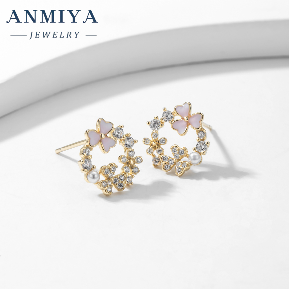 Niche 925 Sterling Silver Fashion pink Clover Pearl Zircon Stud Earrings