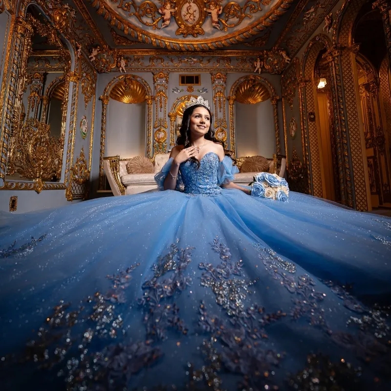 Sky Blue Shiny Ball Gowns Quinceanera Dresses Off The Shoulder Appliques Lace Beading Tull Lace Up Vestido De 15 Anos Sweet 16 Dress