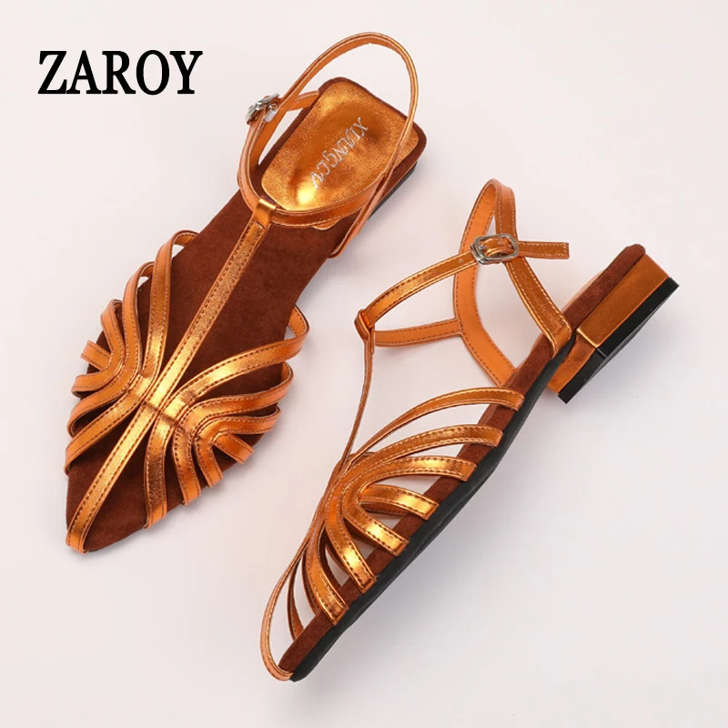 ZAROY TStrap Square Low Heel Sandals Women Shoes Retro Roman Peep Flat Cross Tied Summer Slingback Hollow Sandals 250526
