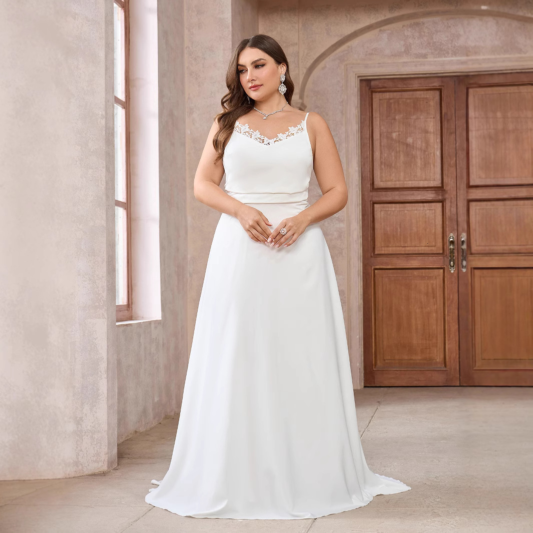 Simple satin lace camisole bow long floor length wedding dress